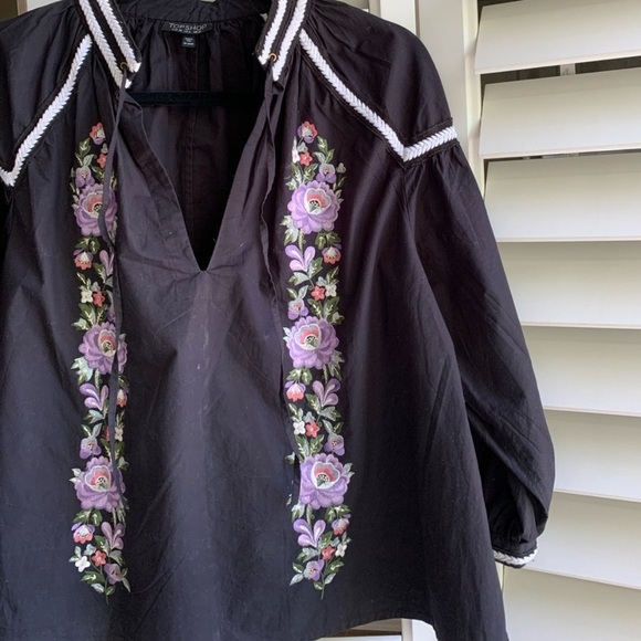 Topshop Embroidered Poplin Tie Neck Top - Picture 4 of 6